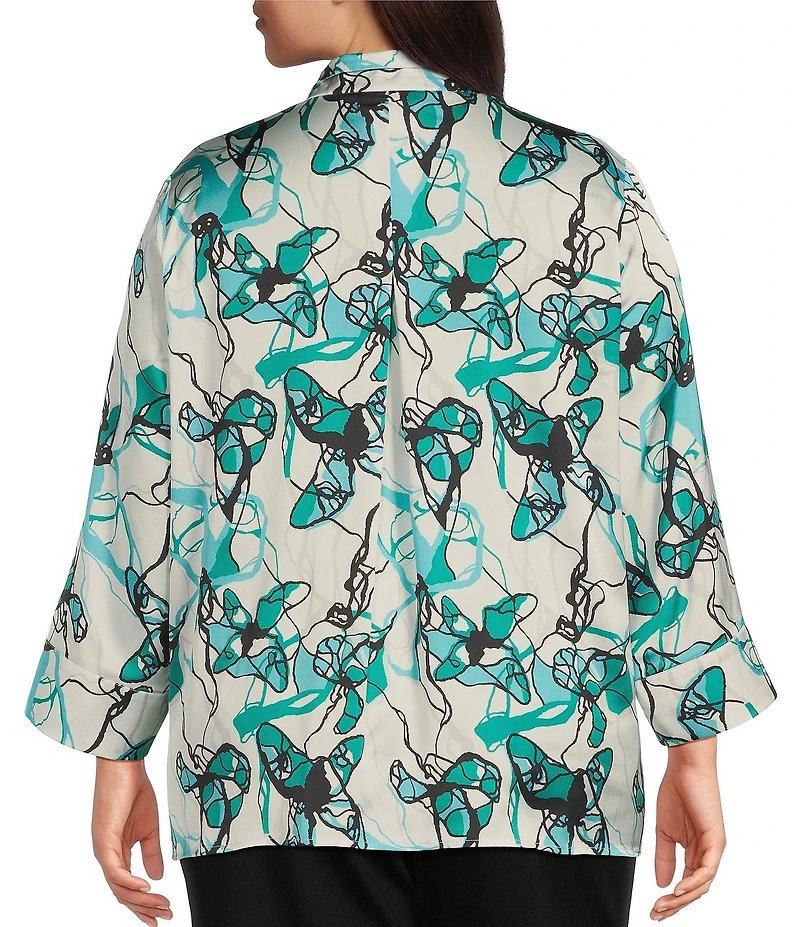 Ming Wang Plus Size Printed Charmeuse Stand Collar Bracelet Sleeve Tunic