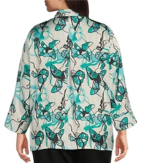 Ming Wang Plus Size Printed Charmeuse Stand Collar Bracelet Sleeve Tunic