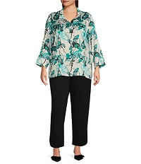 Ming Wang Plus Size Printed Charmeuse Stand Collar Bracelet Sleeve Tunic