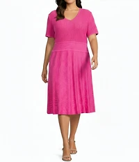Ming Wang Plus Size Soft Knit V-Neck Short Sleeve Fit-and-Flare Midi Dress
