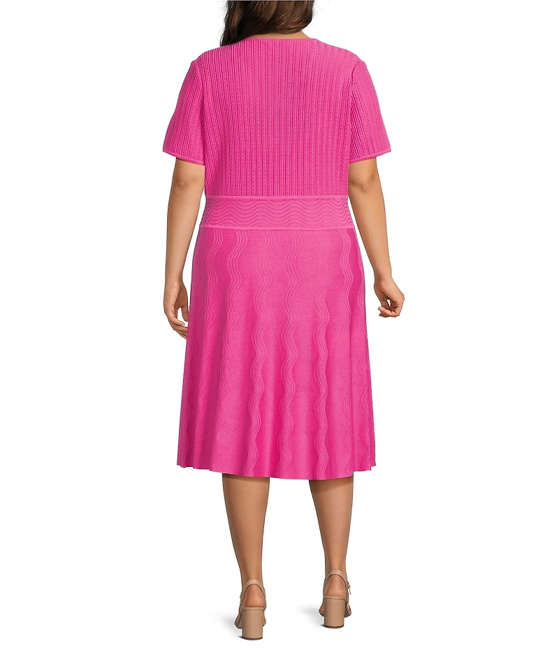 Ming Wang Plus Size Soft Knit V-Neck Short Sleeve Fit-and-Flare Midi Dress