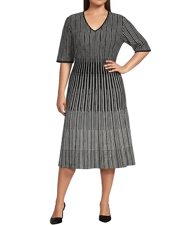 Ming Wang Plus Size Soft Linear Knit V-Neck Short Sleeve Fit & Flare Midi Dress