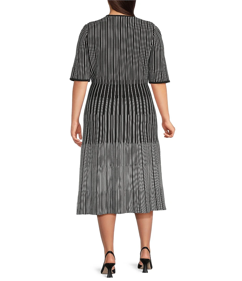 Ming Wang Plus Size Soft Linear Knit V-Neck Short Sleeve Fit & Flare Midi Dress