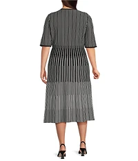 Ming Wang Plus Size Soft Linear Knit V-Neck Short Sleeve Fit & Flare Midi Dress