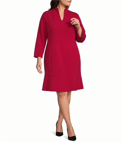 Ming Wang Plus Size Stretch Crepe Funnel Neck Bracelet Sleeve A-Line Dress