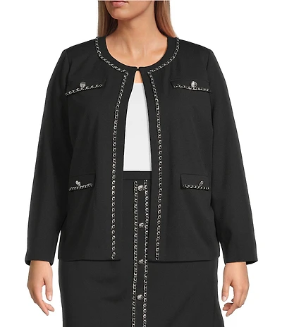 Ming Wang Plus Size Stretch Deco Crepe Crew Neck Long Sleeve Chain Trim Jacket