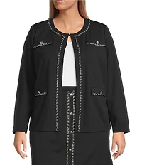 Ming Wang Plus Size Stretch Deco Crepe Crew Neck Long Sleeve Chain Trim Jacket