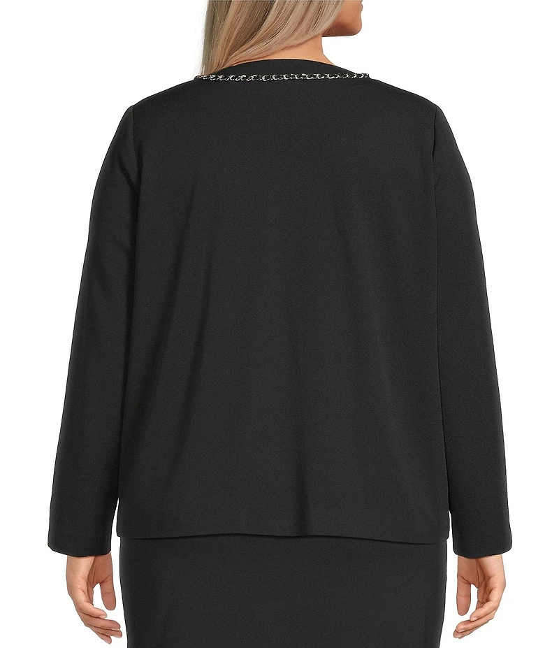 Ming Wang Plus Size Stretch Deco Crepe Crew Neck Long Sleeve Chain Trim Jacket