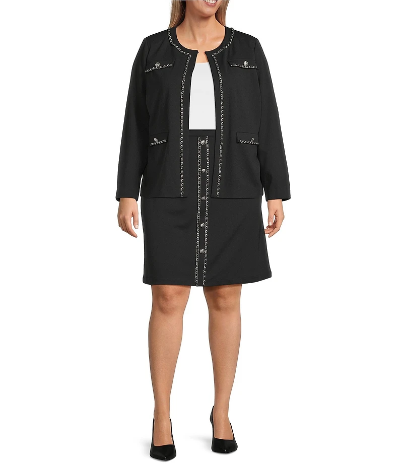 Ming Wang Plus Size Stretch Deco Crepe Crew Neck Long Sleeve Chain Trim Jacket