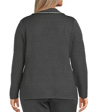Ming Wang Plus Size Textured Knit Contrast Trim Notch Lapel Long Sleeve Jacket