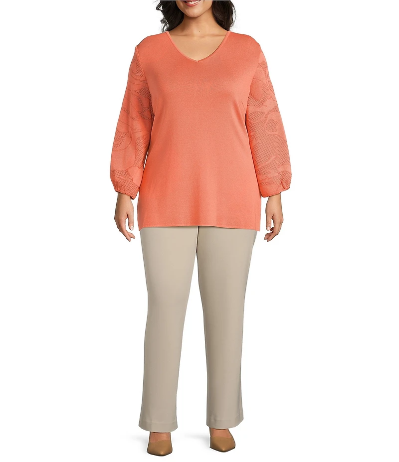 Ming Wang Plus Size Tonal Texture Knit V-Neck Bracelet Sleeve Top