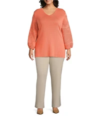 Ming Wang Plus Size Tonal Texture Knit V-Neck Bracelet Sleeve Top