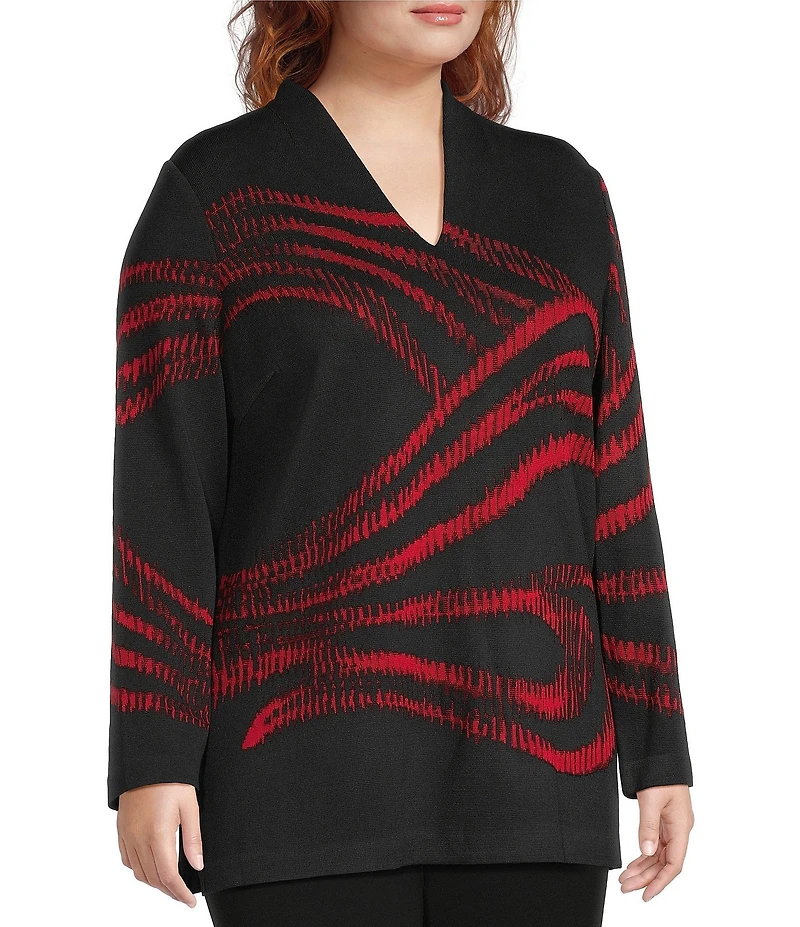 Ming Wang Plus Size Two-Tone Jacquard Knit Mandarin Collar V-Neck Long Sleeve Tunic