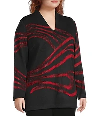 Ming Wang Plus Size Two-Tone Jacquard Knit Mandarin Collar V-Neck Long Sleeve Tunic