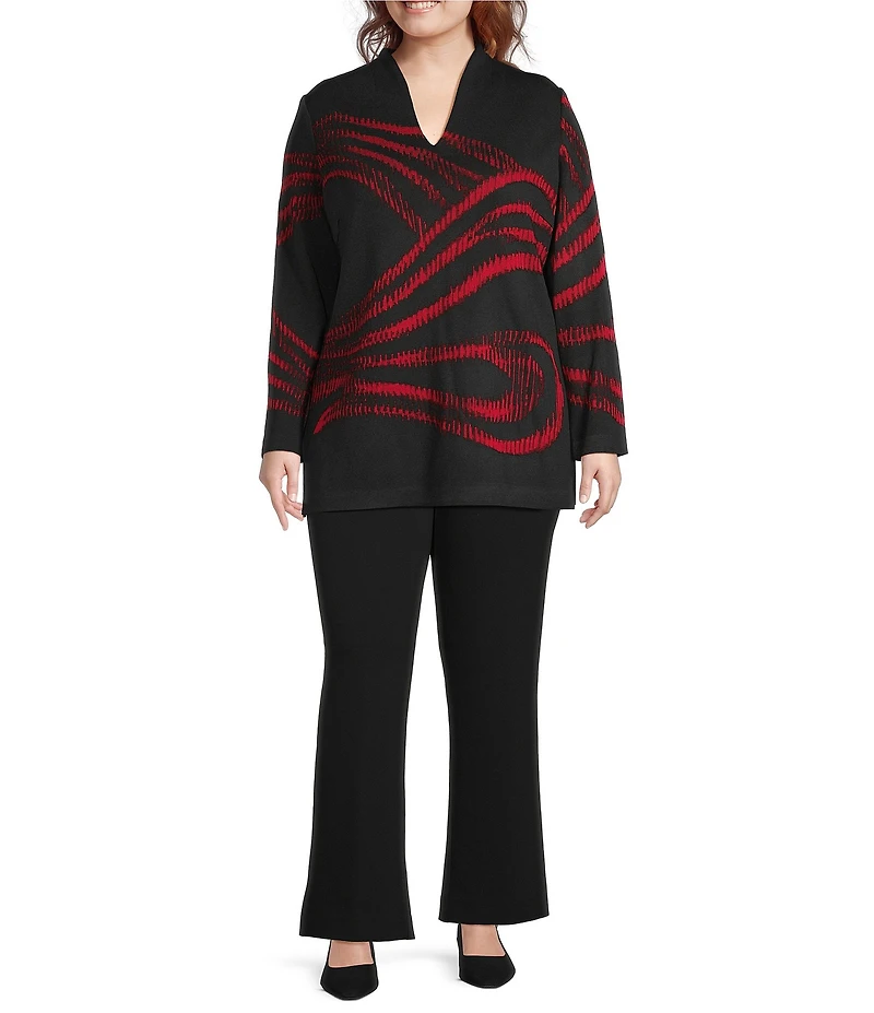 Ming Wang Plus Size Two-Tone Jacquard Knit Mandarin Collar V-Neck Long Sleeve Tunic