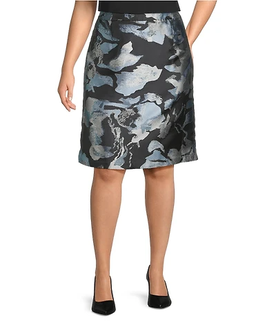 Ming Wang Plus Size Woven Floral Print A-Line Skirt
