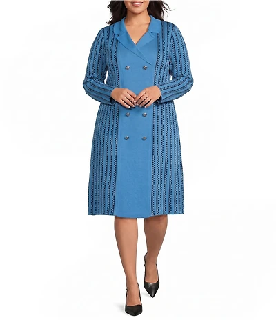 Ming Wang Plus Size Wrinkle-Resistant Faux Double Breasted Knit Notch Collar Long Sleeve Dress