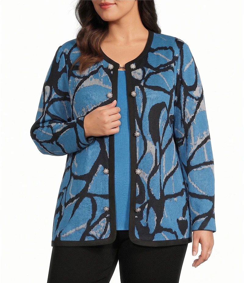 Ming Wang Plus Size Wrinkle-Resistant Jacquard Knit Abstract Long Sleeve Jacket
