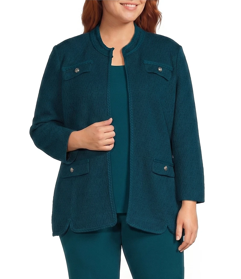 Ming Wang Plus Size Wrinkle Resistant Tailored Pointelle Knit Braided Trim Bracelet Sleeve Jacket