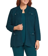 Ming Wang Plus Size Wrinkle Resistant Tailored Pointelle Knit Braided Trim Bracelet Sleeve Jacket