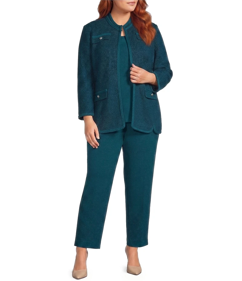 Ming Wang Plus Size Wrinkle Resistant Tailored Pointelle Knit Braided Trim Bracelet Sleeve Jacket
