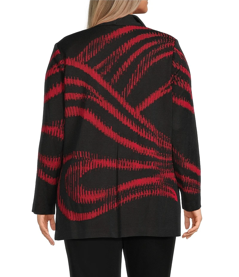 Ming Wang Plus Swirl Print Two-Tone Jacqaurd Wave Knit Shawl Collar Long Sleeve Jacket