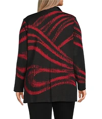 Ming Wang Plus Swirl Print Two-Tone Jacqaurd Wave Knit Shawl Collar Long Sleeve Jacket