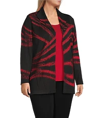 Ming Wang Plus Swirl Print Two-Tone Jacqaurd Wave Knit Shawl Collar Long Sleeve Jacket