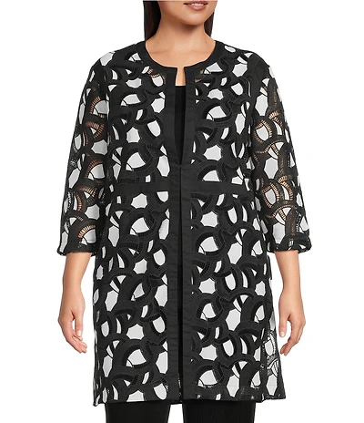 Ming Wang Plus Two-Tone Lace Round Neck 3/4 Sleeve Jacket