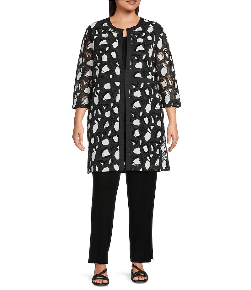 Ming Wang Plus Two-Tone Lace Round Neck 3/4 Sleeve Jacket