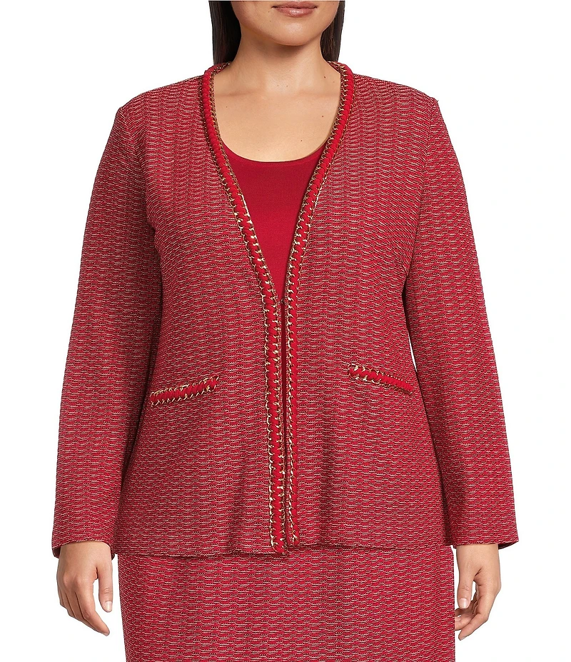 Ming Wang Plus Whipstitch Chain Trim Knit Long Sleeve Jacket