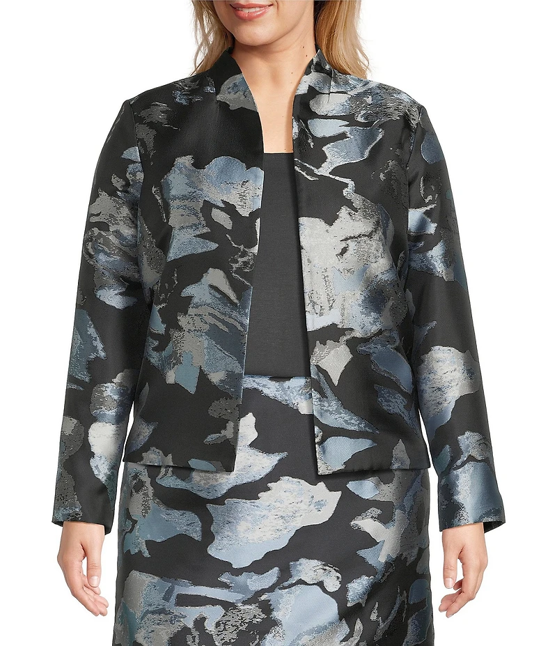 Ming Wang Plus Woven Floral Print Mandarin Collar Long Sleeve Open Front Jacket