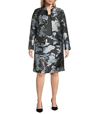 Ming Wang Plus Woven Floral Print Mandarin Collar Long Sleeve Open Front Jacket