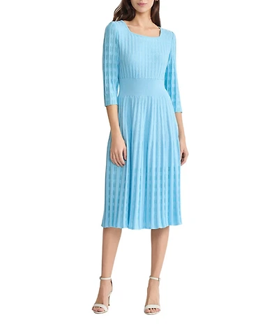 Ming Wang Pointelle Tonal Knit Square Neck 3/4 Sleeve Fit-And-Flare Midi Dress