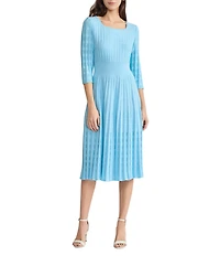 Ming Wang Pointelle Tonal Knit Square Neck 3/4 Sleeve Fit-And-Flare Midi Dress