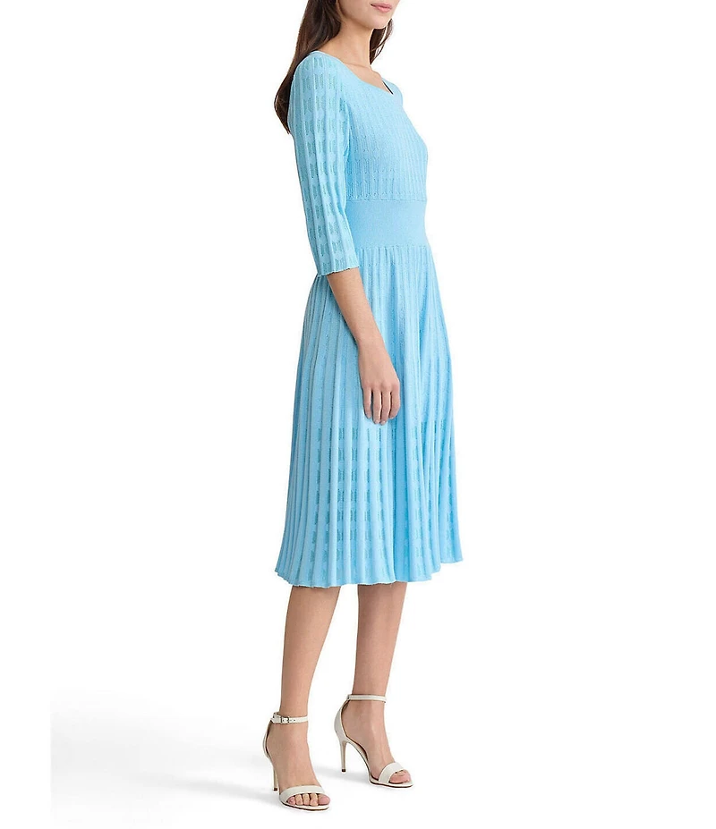 Ming Wang Pointelle Tonal Knit Square Neck 3/4 Sleeve Fit-And-Flare Midi Dress