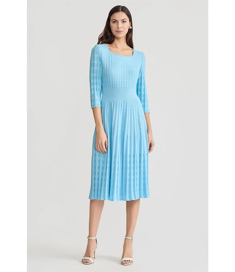 Ming Wang Pointelle Tonal Knit Square Neck 3/4 Sleeve Fit-And-Flare Midi Dress