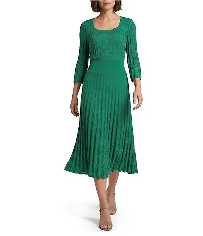 Ming Wang Pointelle Tonal Knit Square Neck 3/4 Sleeve Fit-And-Flare Midi Dress