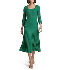 Ming Wang Pointelle Tonal Knit Square Neck 3/4 Sleeve Fit-And-Flare Midi Dress