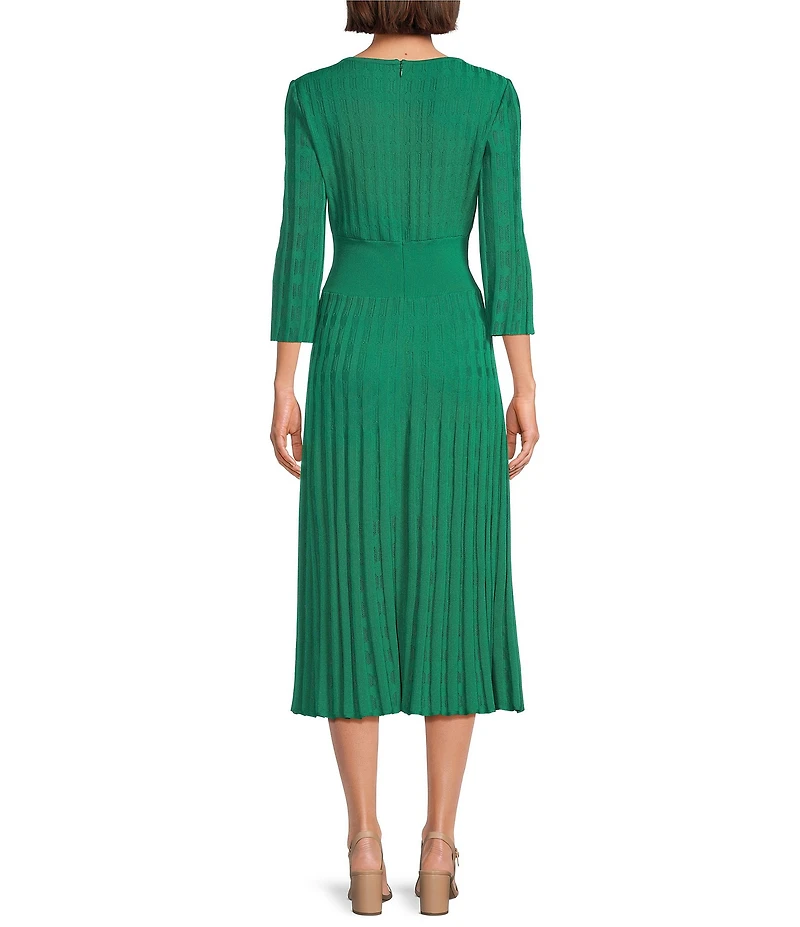Ming Wang Pointelle Tonal Knit Square Neck 3/4 Sleeve Fit-And-Flare Midi Dress