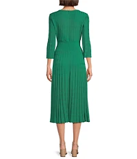 Ming Wang Pointelle Tonal Knit Square Neck 3/4 Sleeve Fit-And-Flare Midi Dress