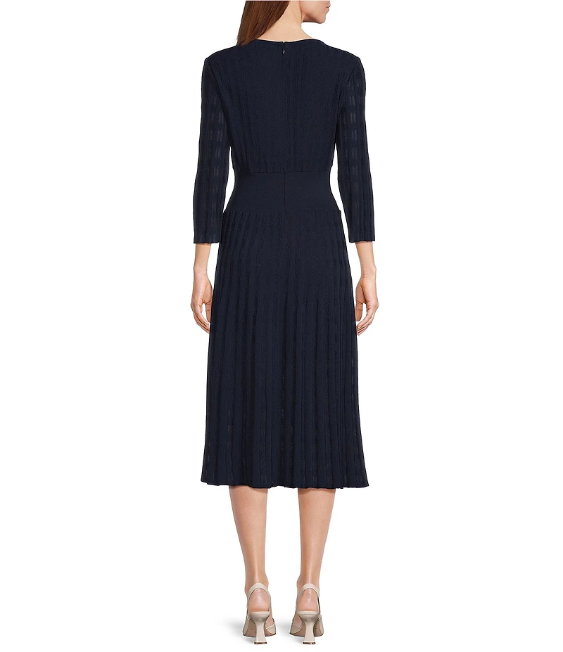 Ming Wang Pointelle Tonal Knit Square Neck 3/4 Sleeve Fit-And-Flare Midi Dress