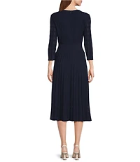 Ming Wang Pointelle Tonal Knit Square Neck 3/4 Sleeve Fit-And-Flare Midi Dress