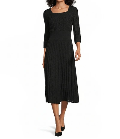Ming Wang Pointelle Tonal Knit Square Neck 3/4 Sleeve Fit-And-Flare Midi Dress
