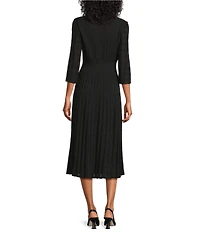 Ming Wang Pointelle Tonal Knit Square Neck 3/4 Sleeve Fit-And-Flare Midi Dress