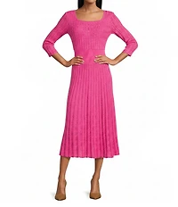 Ming Wang Pointelle Tonal Knit Square Neck 3/4 Sleeve Fit-And-Flare Midi Dress