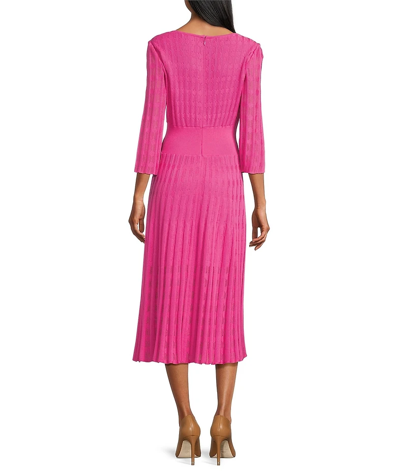 Ming Wang Pointelle Tonal Knit Square Neck 3/4 Sleeve Fit-And-Flare Midi Dress