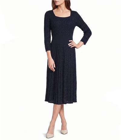 Ming Wang Pointelle Tonal Knit Square Neck 3/4 Sleeve Fit-And-Flare Midi Dress