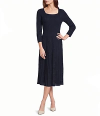 Ming Wang Pointelle Tonal Knit Square Neck 3/4 Sleeve Fit-And-Flare Midi Dress