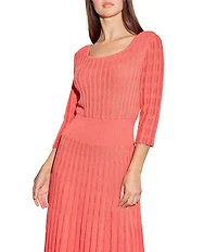 Ming Wang Pointelle Tonal Knit Square Neck 3/4 Sleeve Midi Dress